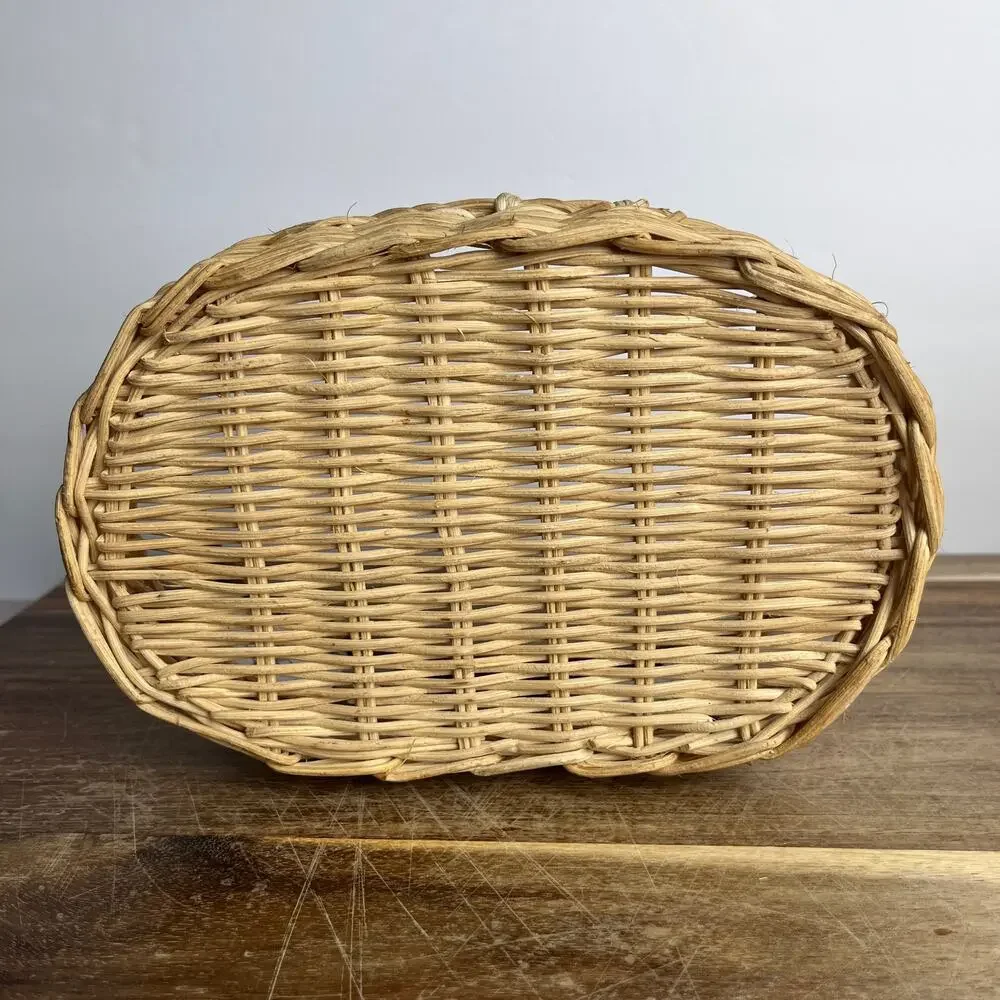 Vintage Wicker Basket w/ White & Sage Green Ceramic Chicken Accents Farmhouse